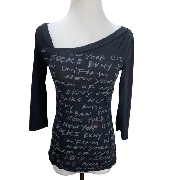 Vintage 80s DKNY Embroidered Logo Graffiti Black Knit Top Tee T-Shirt Stretch - Picture 2 of 14